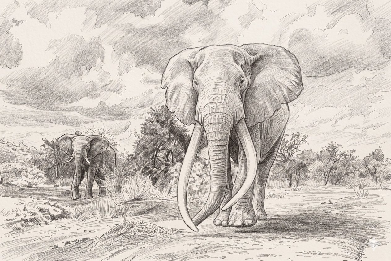 AI ilustrace tuskera Craiga podle fotografie, Amboseli, Keňa