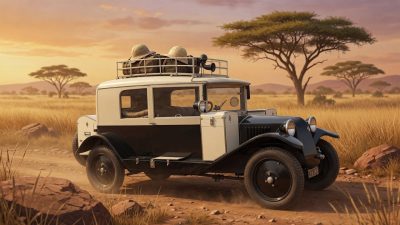 Ilustrace expedičního vozu Tatra v africké savaně za soumraku, umělecké ztvárnění